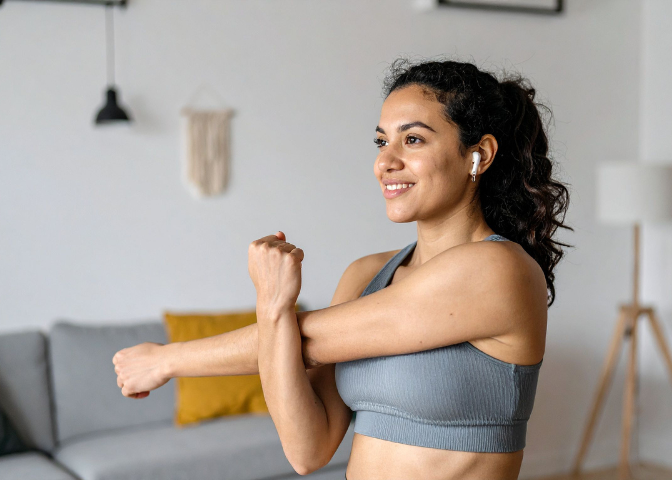 Woman performing gentle seated stretch for hypermobility and chronic pain support